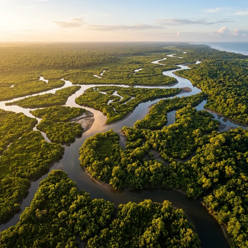 Aerial view of Bhitarkanika mangrove river delta in Odisha