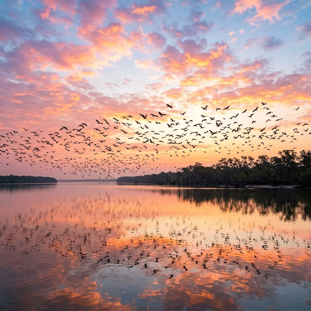 Migratory birds at sunrise in Bhitarkanika bird sanctuary
