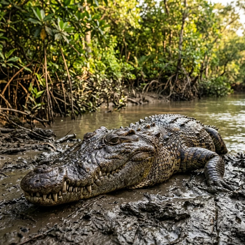 Saltwater crocodile resting on tidal riverbank in Bhitarkanika National Park